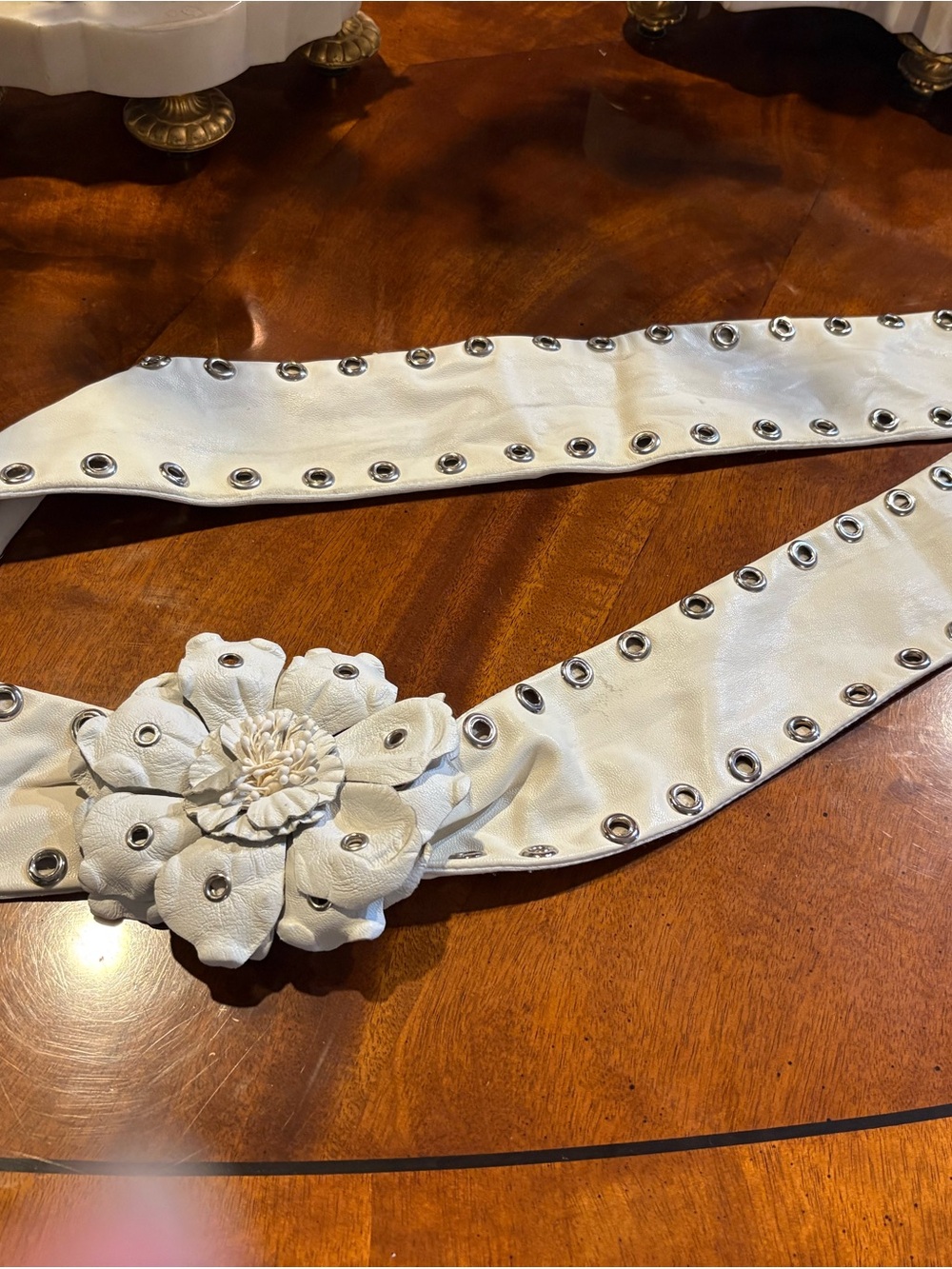 Jocelyn White Leather Belt with Teal Label